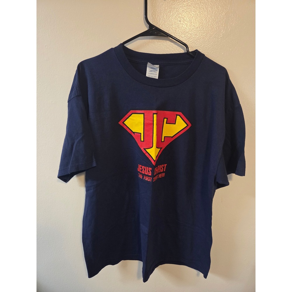 Delta Pro Weight Jesus Christ The First Super Hero T-Shirt Navy Blue XL Graphic